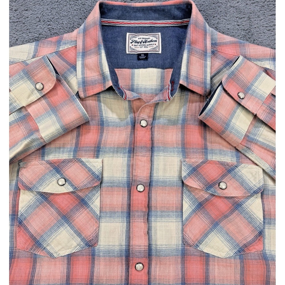 Flag & Anthem Pearl Snap Shirt Men Pink Plaid Western LS Snap Front Pockets